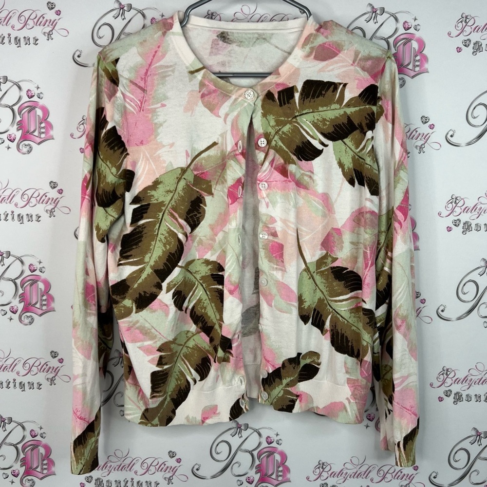 Cardigan tropical leafs flowers Floral Button-Up long sleeve Top